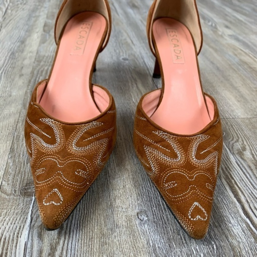 Escada Brown Suede Pointed Toe Kitten Heel Pumps - Picture 3 of 8
